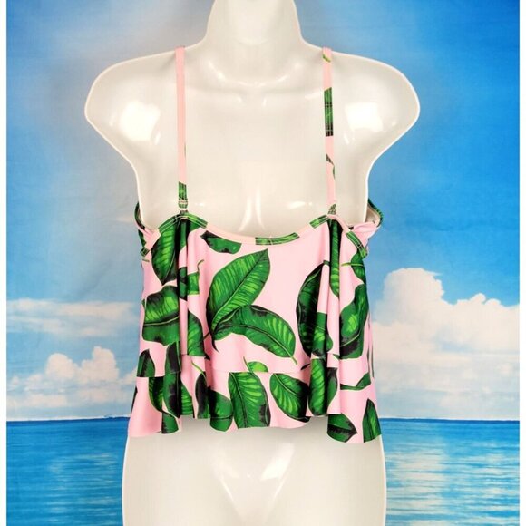 PINK with Green Fern print OFF/COLD Shoulder RUFFLE removable adj straps size Sm - Picture 6 of 7